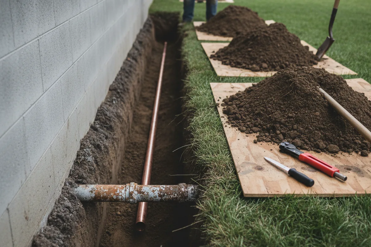 Excavated water line trench during Water Softener Installation in Forest Hills
